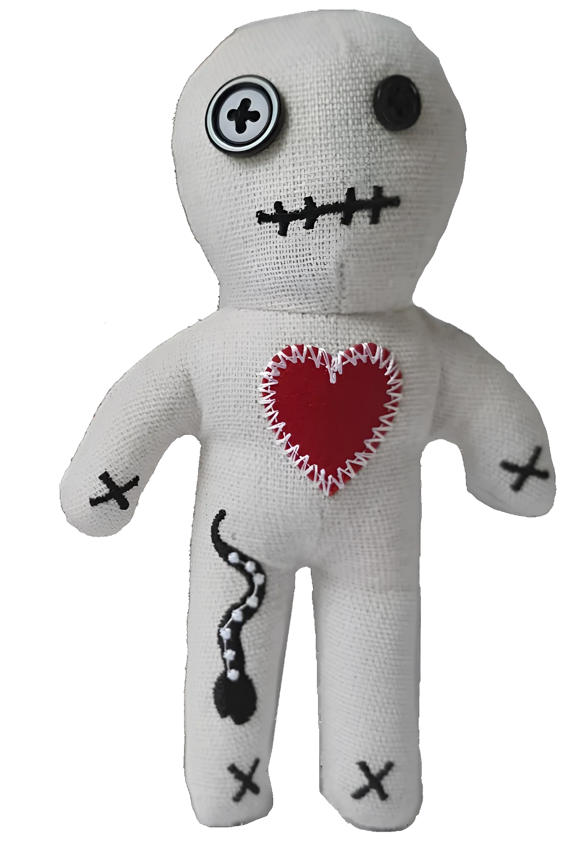 Weiße Mapanoli Voodoo-Puppe mit roten Herz und genähten Details