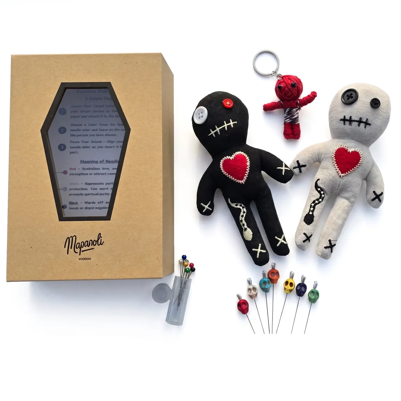 Mapanoli XL-Set mit schwarzer und weißer Voodoo-Puppe, Sargbox, bunten Nadeln, Totenkopfnadeln und Schlüsselanhänger